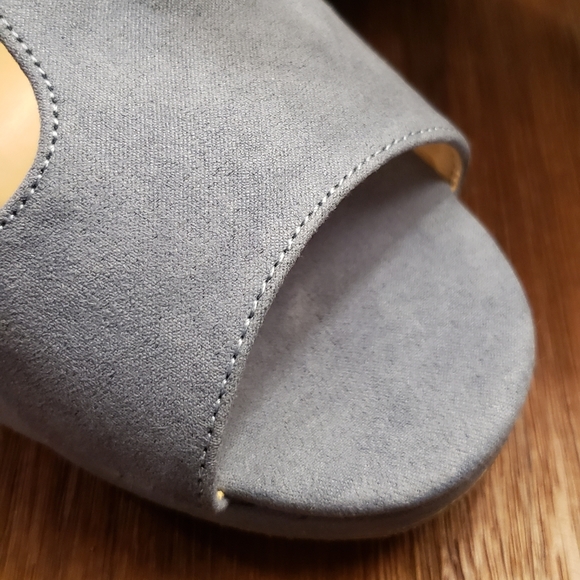 Lora Sueded Denim T-Strap Peep Toe Heels - Picture 8 of 9